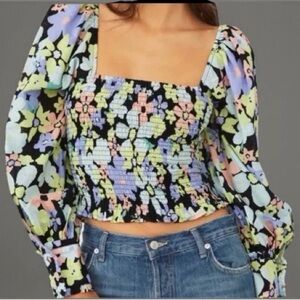 FREE PEOPLE Smocked Square-Neck Floral Long-Sleeve Top - Black Multi SIZE XS